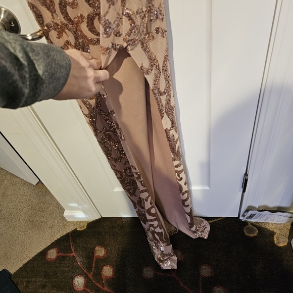 Windsor Rose Gold floor length high left thigh slit.  Sparkle thin strap dress - Picture 4 of 4